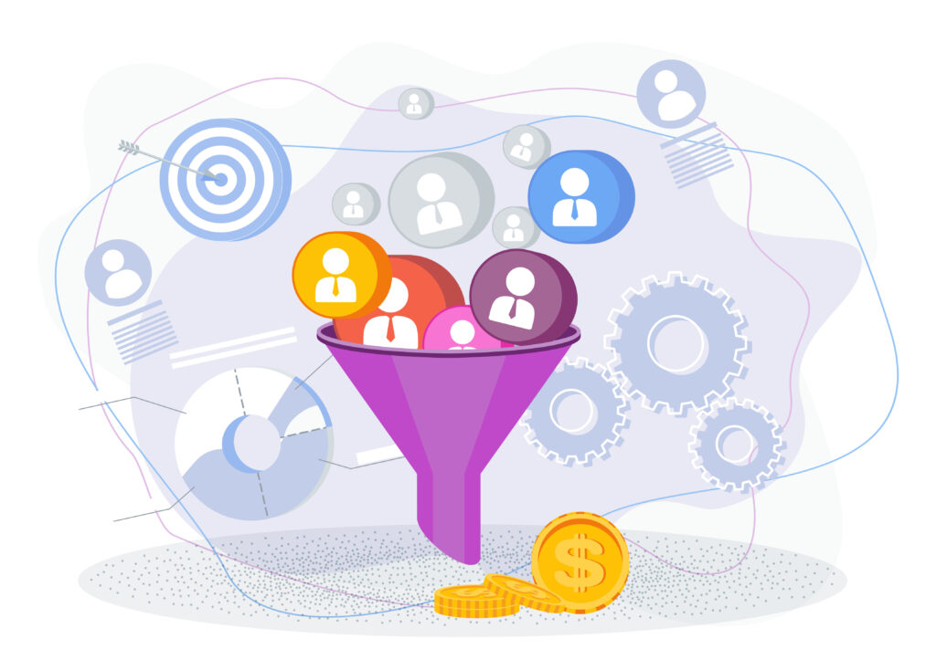 Sales funnel concept. Customer acquisition. Traffic and conversion on the website, in the store. Internet advertising. Trendy flat vector style illustration on white background.